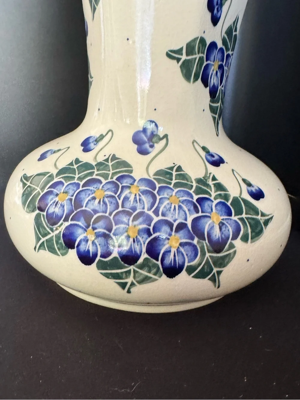 W R Unikat Polish Pottery Vase Blue Flowers and Greenery Crazing